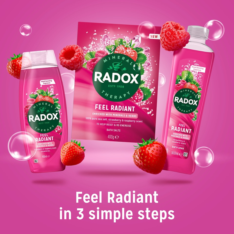 image 1 of Radox Strawberry Feel Radiant Bath Soak Bubble Bath 500ml