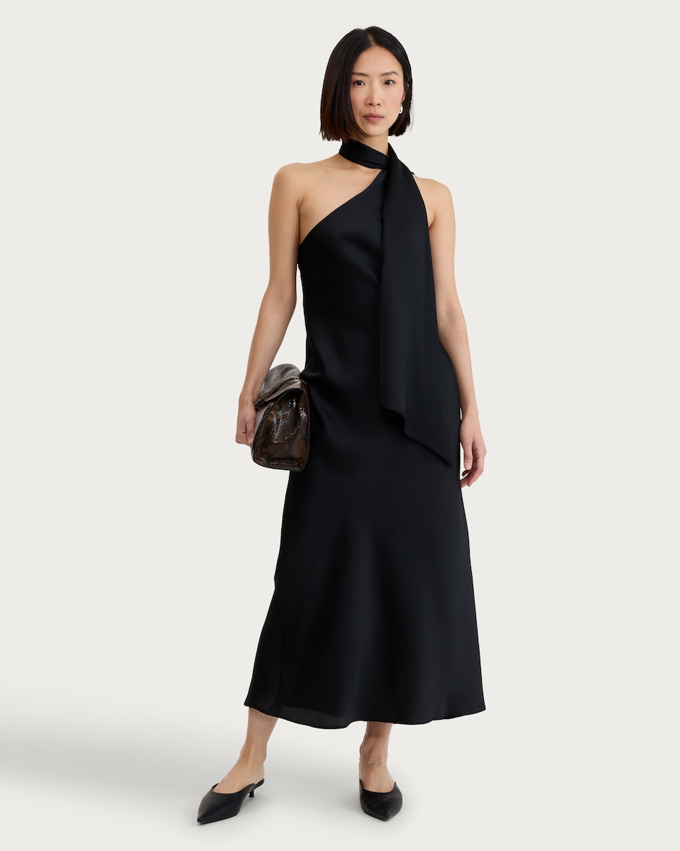 image 1 of F&F Satin Scarf Neck Midi Dress in Black