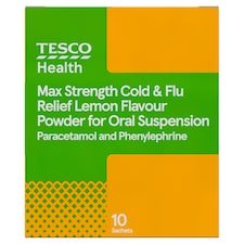 Tesco Health Max Strength Cold & Flu Relief Powder Sachets - Lemon, Paracetamol 10s