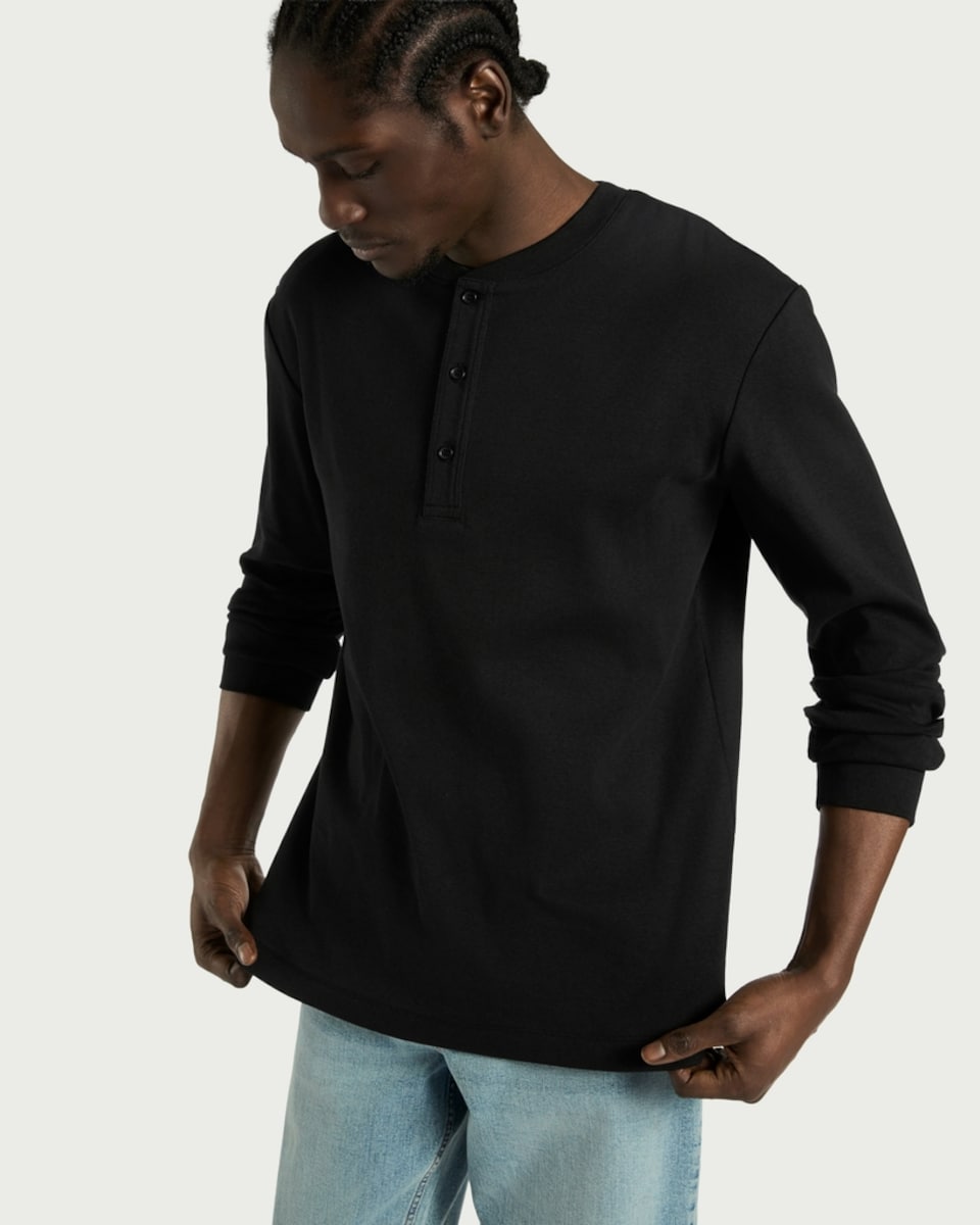 image 1 of F&F Pure Cotton Henley Long Sleeved Top in Black