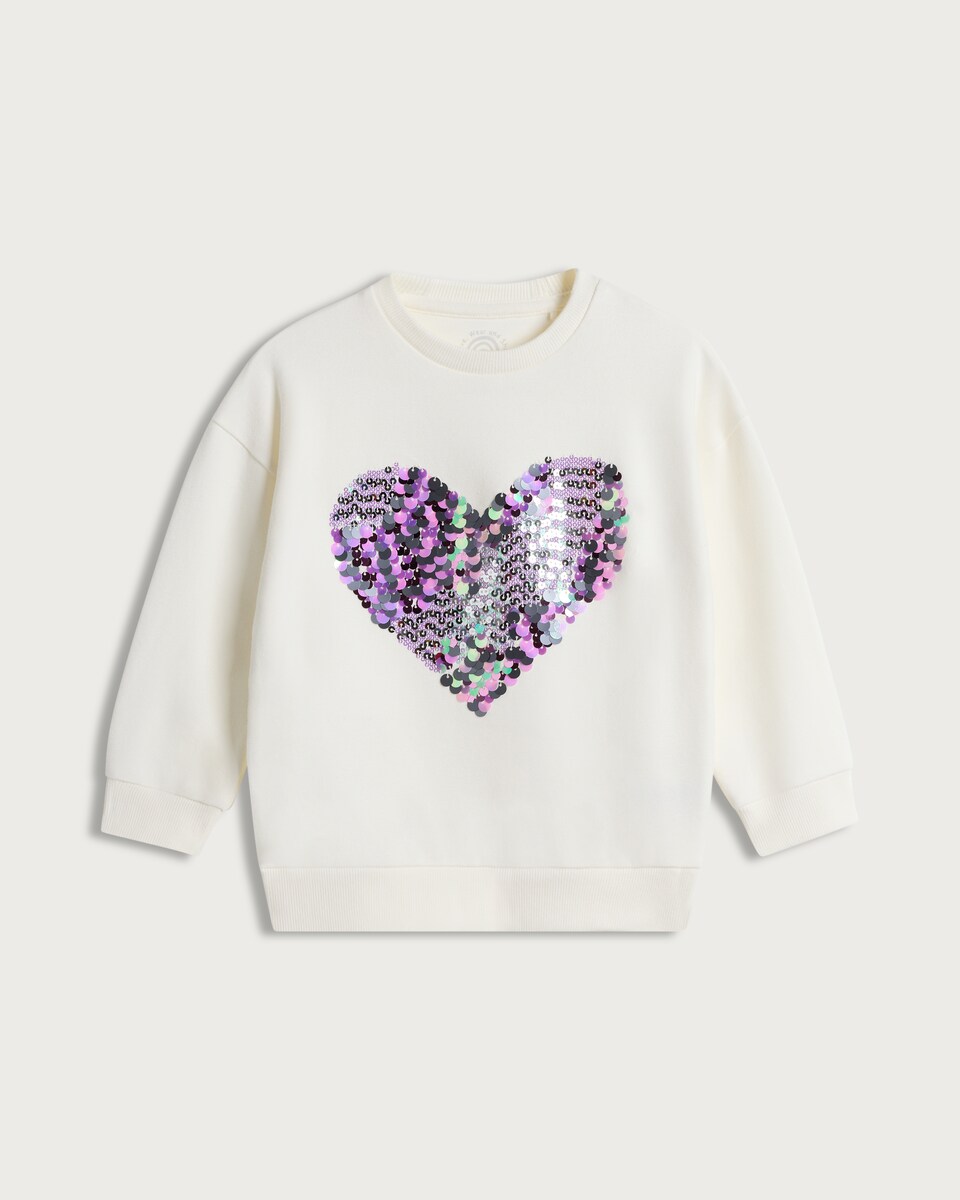 image 1 of F&F Girls Cotton Rich Sequin Heart Sweatshirt in Cream