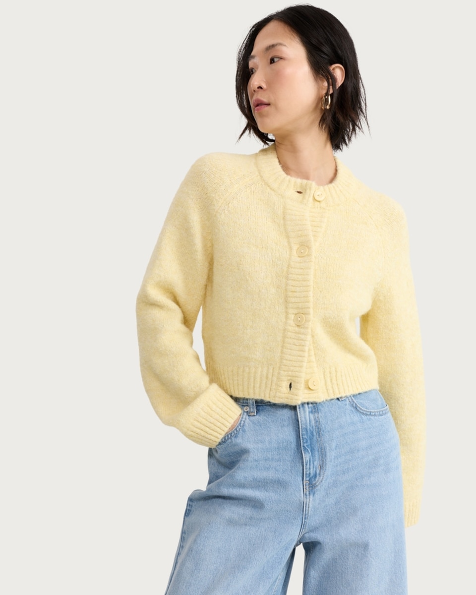 image 1 of F&F Textured Button Up Cropped Cardigan with Wool in Yellow