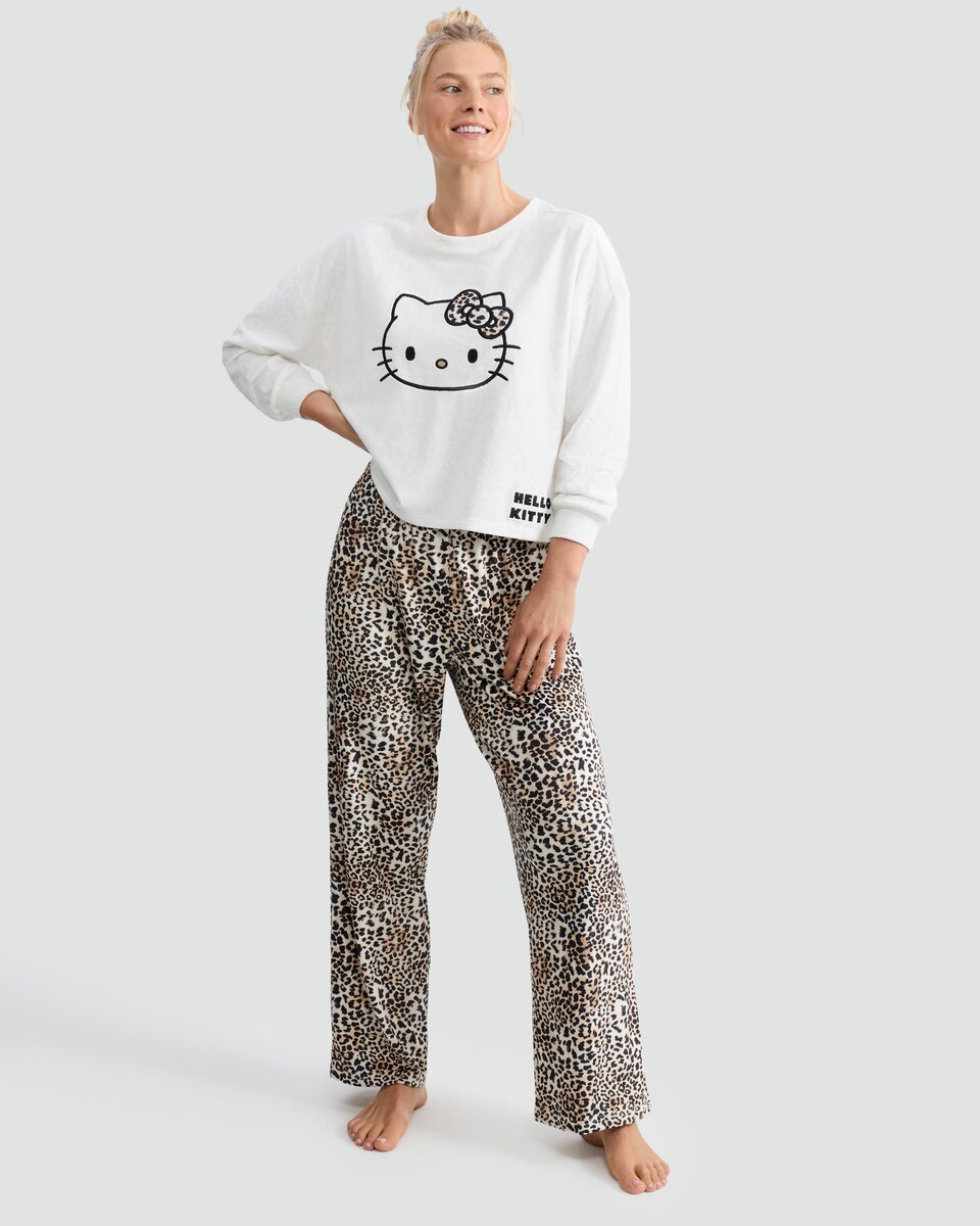 image 1 of Hello Kitty 2-Piece Leopard Print Fleece Pyjamas Set in Beige