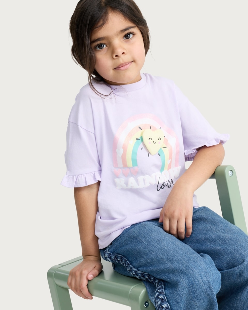 image 1 of F&F Girls Pure Cotton Rainbow Love Frill Sleeved T-Shirt in Multi
