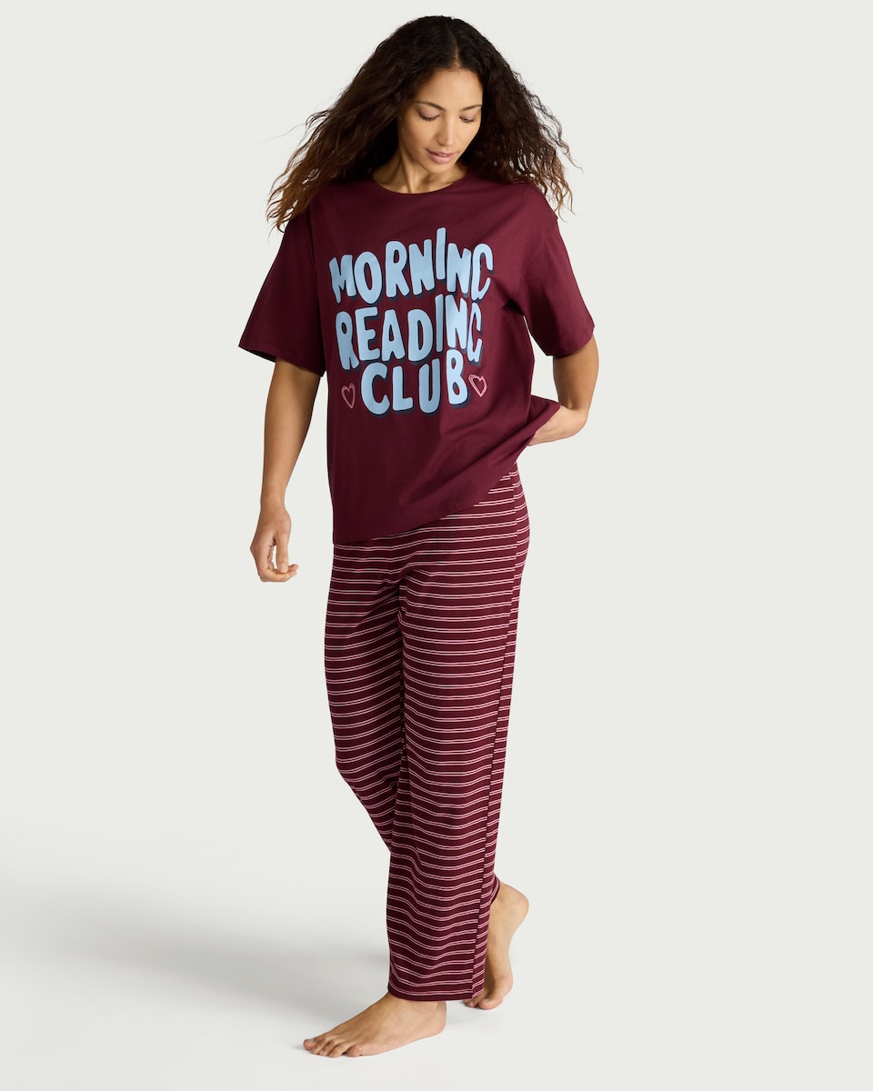 image 1 of F&F Pure Cotton Striped Pyjama Bottoms in Burgundy