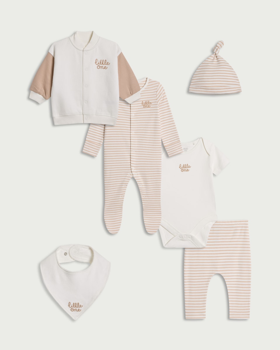 image 1 of F&F Baby 7-Piece Cotton Rich Striped Set in Med Nude