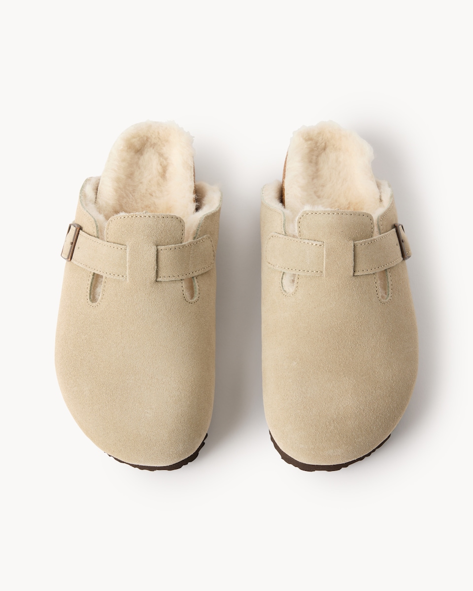 image 1 of F&F Suede Faux Fur Lined Slippers in Tan
