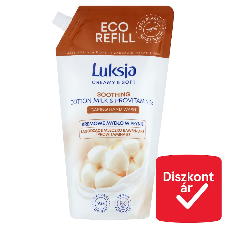Luksja Creamy & Soft nyugtató hatású folyékony szappan utántöltő pamuttejjel,B5 provitaminnal 900 ml  1. kép