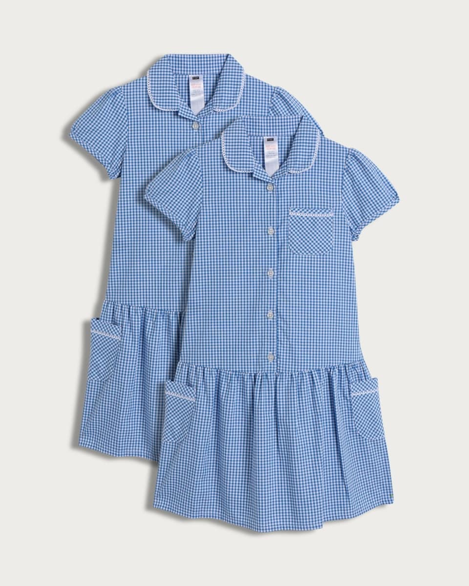 F&F School Girls 2-Pack Cotton Rich Gingham Short Sleeved Dresses in Blue