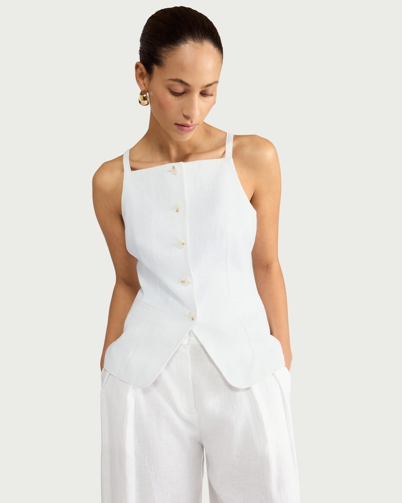 F&F Pure Linen Button Front Waistcoat in White