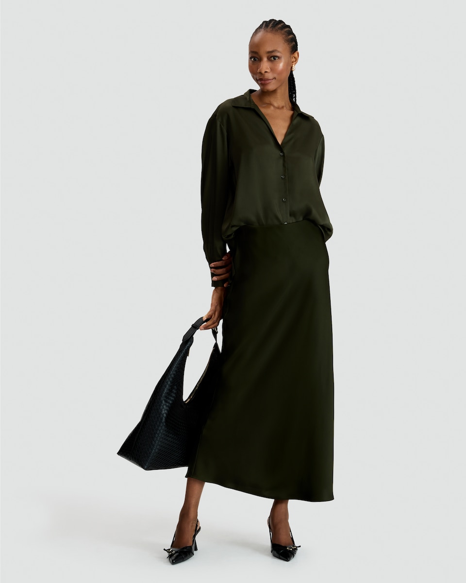 image 1 of F&F Satin Button Up Shirt in Khaki
