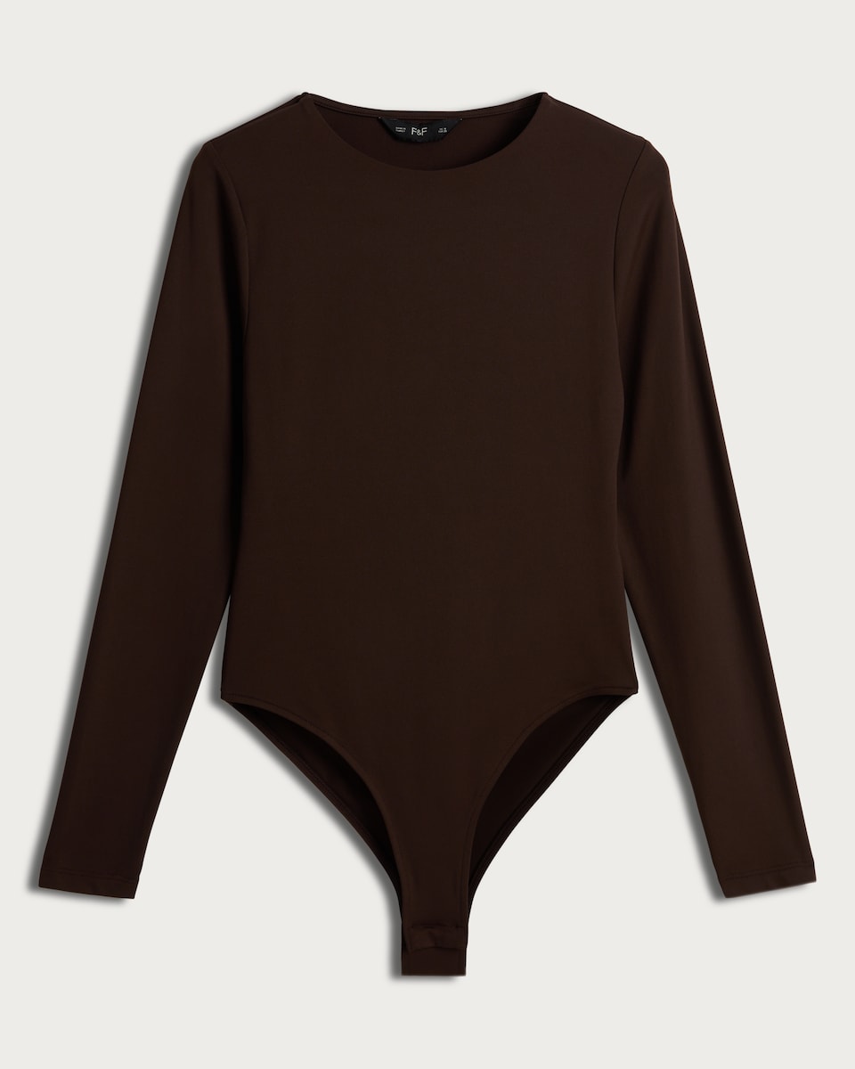 image 1 of F&F Polyamide Crew Neck Long Sleeved Bodysuit in Khaki