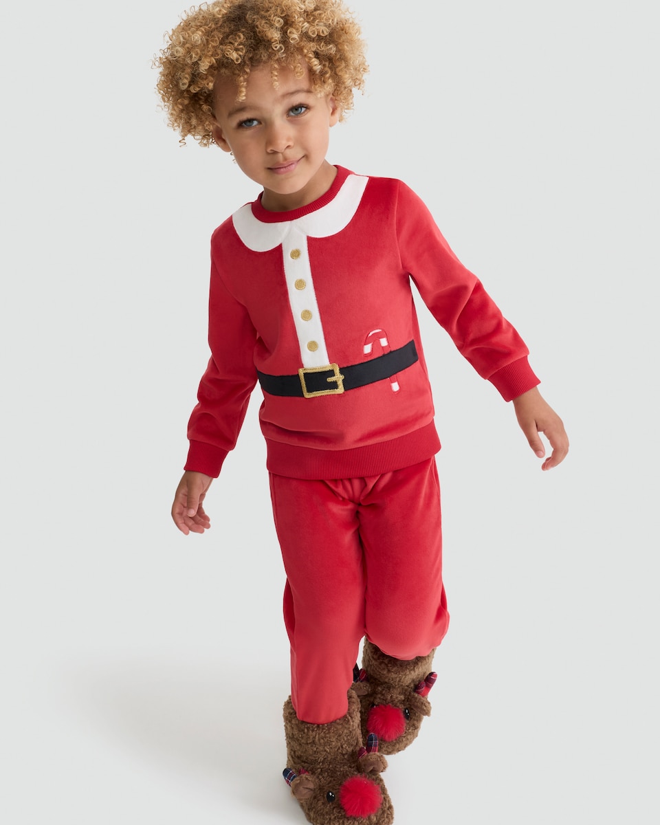 image 1 of F&F Minky Fleece Santa Sweatshirt and Cuffed Joggers Pyjamas in Red