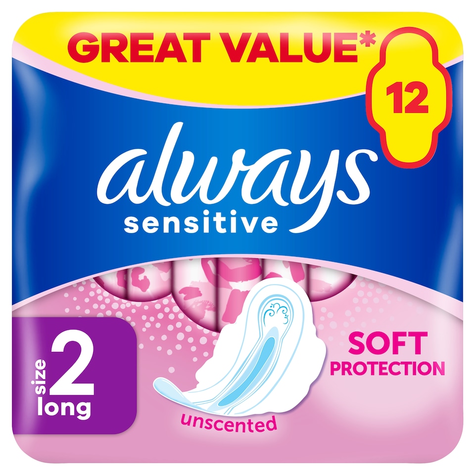 image 1 of Always Sensitive Long Size 2 Sanitary Towels With Wings 12 Pack