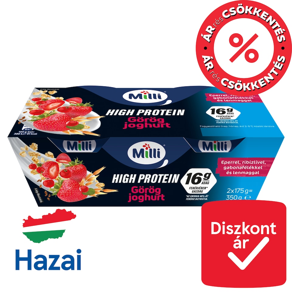 Milli High Protein görög joghurt eperrel, ribizlivel, gabonafélékkel és lenmaggal 2 x 175 g (350 g)