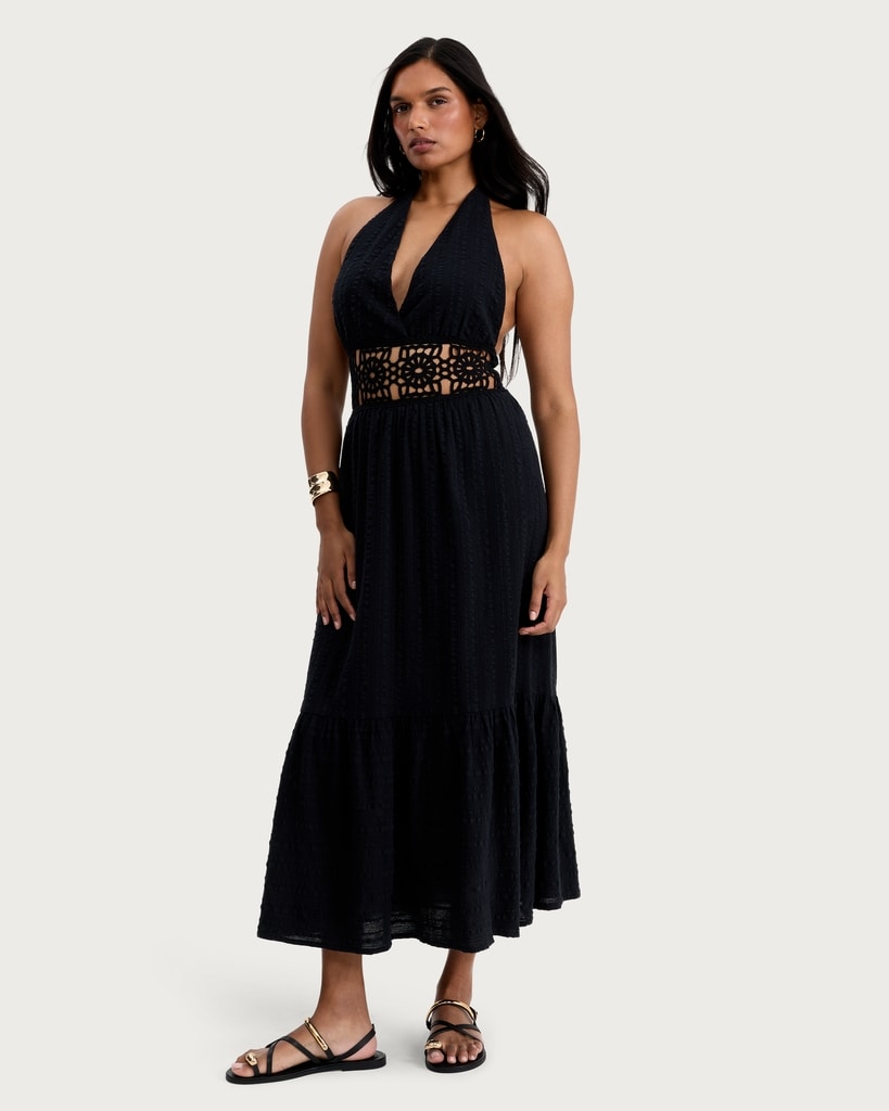 tesco beach dresses F&F Pure Cotton Halter Neck Midi Dress in Black Blue Draped Lace Midi Size:52 - 46 WAIST mini-dresses