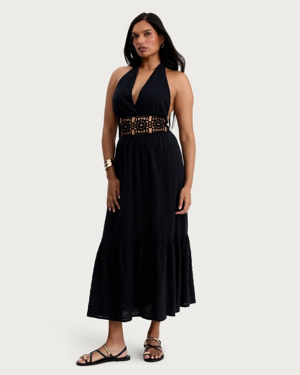 image 1 of F&F Pure Cotton Halter Neck Midi Beach Dress in Black
