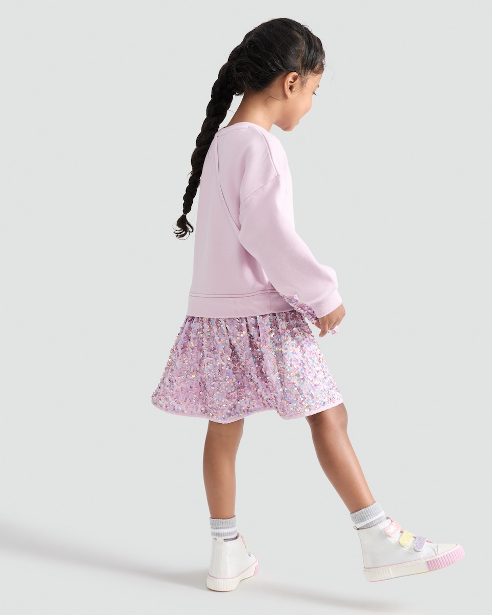 image 1 of F&F Girls 2-Piece Cotton Rich Sequin Twofer Dress and Heart Bag Set in Lilac