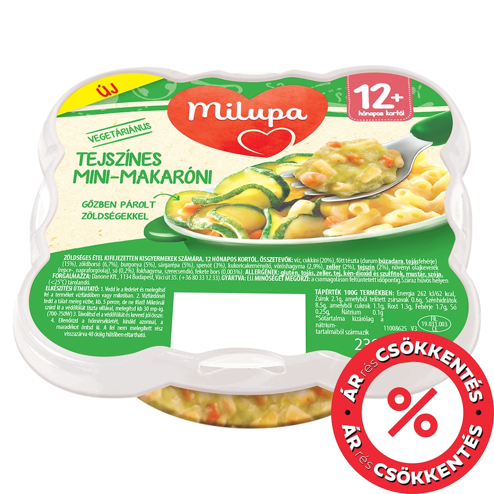 Milupa vegetáriánus tejszínes mini-makaróni zöldséges étel kisgyermekek számára 12 hó+ 230 g