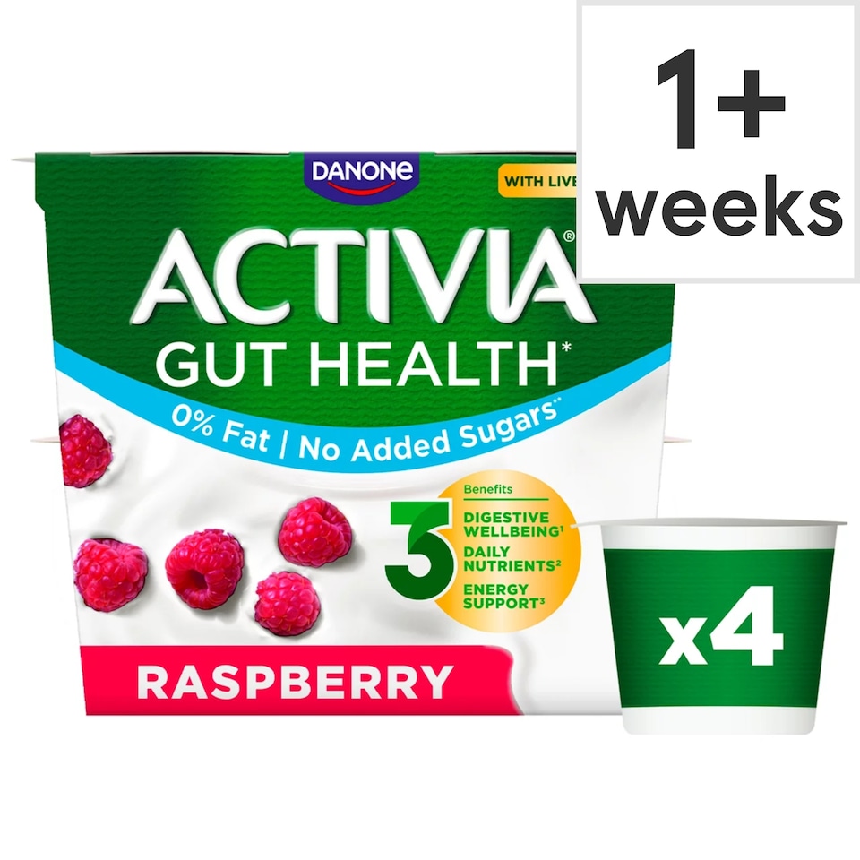 image 1 of Activia Raspberry No Added Sugar No Fat Gut Health Yoghurt 4x115g
