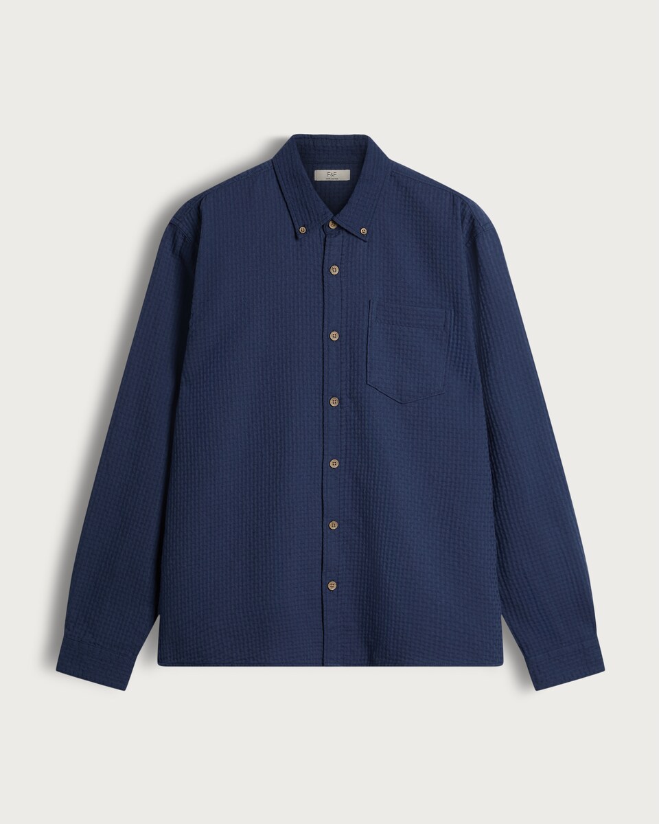 image 1 of F&F Pure Cotton Waffle Textured Button Down Shirt in Navy