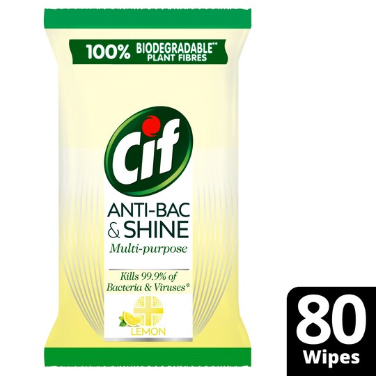 Cif Antibacterial And Shine Multi Purpose Wipes Lemon 80Pk Tesco