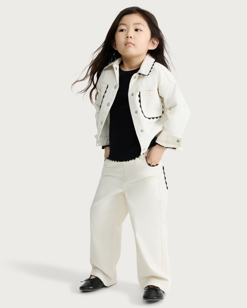 image 1 of F&F Girls Pure Cotton Scallop Trim Wide Leg Jeans in White