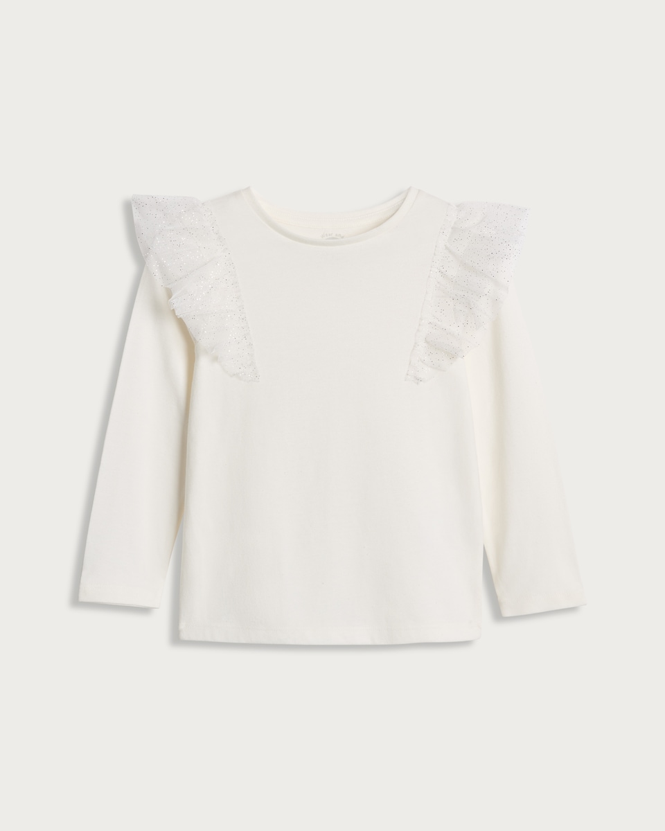image 1 of F&F Girls Pure Cotton Ruffle Shoulder Long Sleeved Top in White