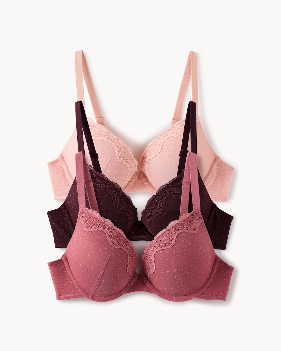 image 1 of F&F 3-Pack Lace Trim Spot Wired Push Up Bras in Multi