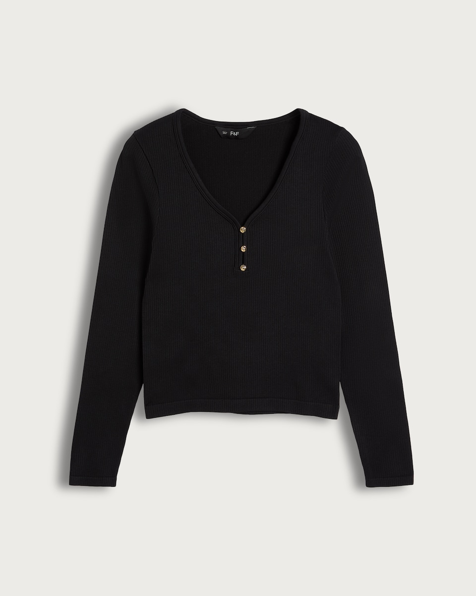 image 1 of F&F Ribbed Seamfree V Neck Button Front Top in Black