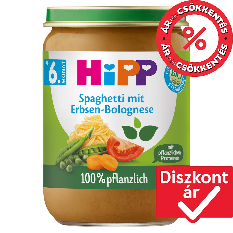 HiPP bio spagetti paradicsomszószban borsóval és borsófehérjével bébiétel 6 hónapos kortól 190 g