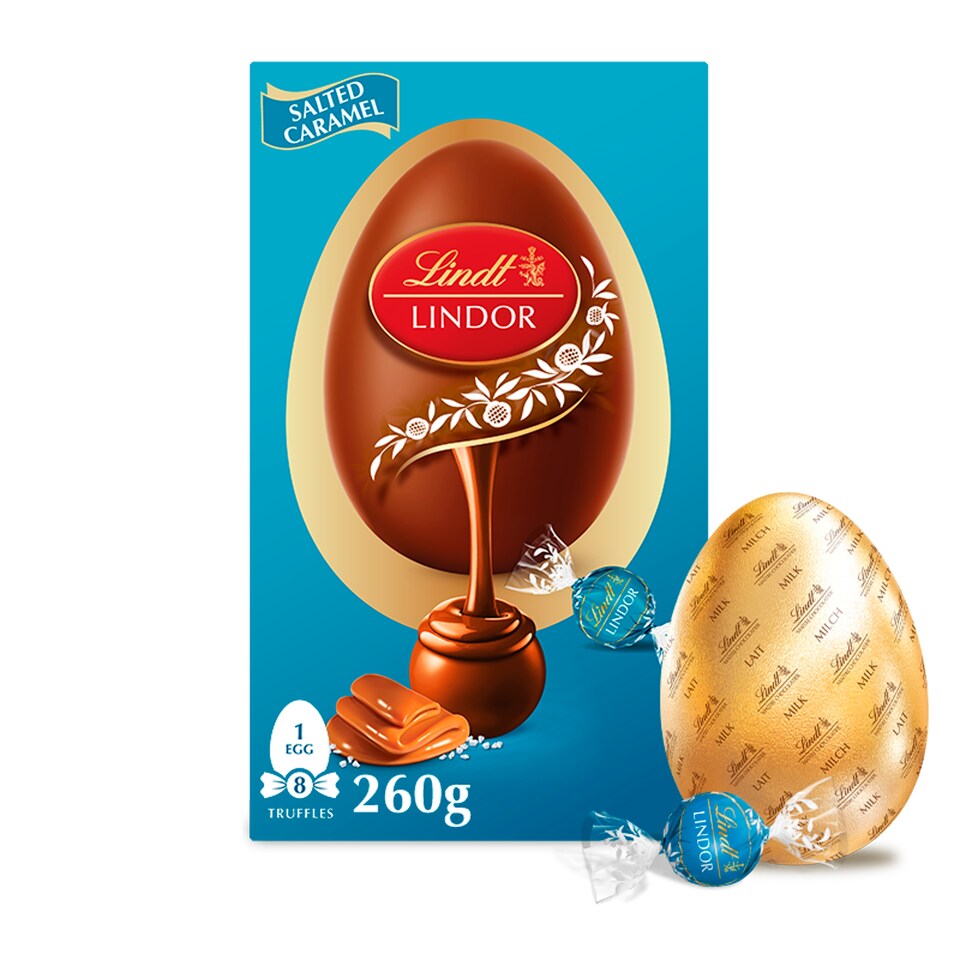 image 1 of Lindt Lindor Milk Chocolate Egg with Salted Caramel Truffles 260g 