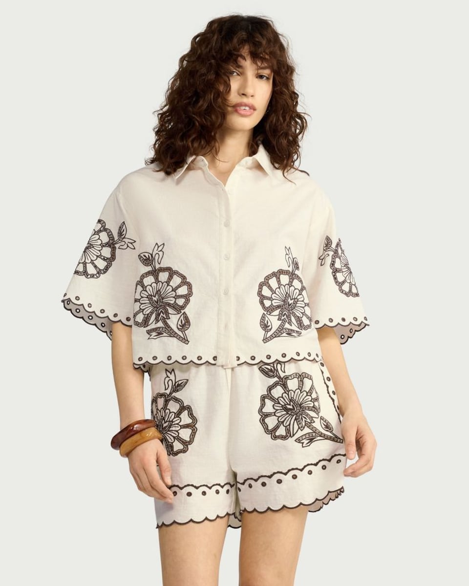 image 1 of F&F Pure Cotton Floral Embroidered Co-ord Shorts in Ivory