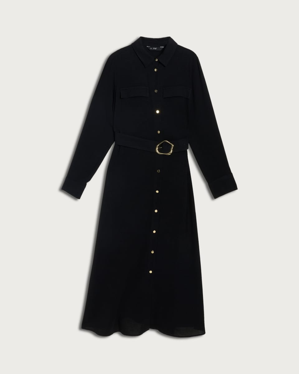 image 1 of F&F Belted Button Up Long Sleeved Midi Shirt Dress in Black