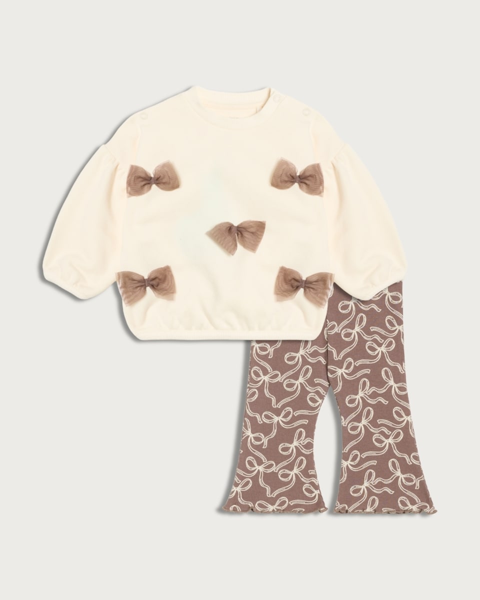 F&F Baby Cotton Rich Bow Jumper and Flared Leggings Set in Tobacco
