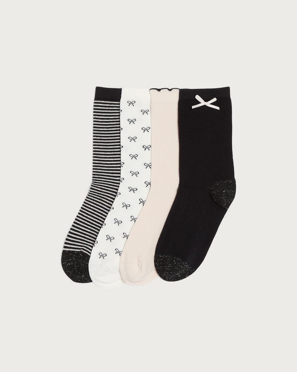 F&F 4-Pack Cotton Rich Bow and Stripe Ankle Socks in Multi