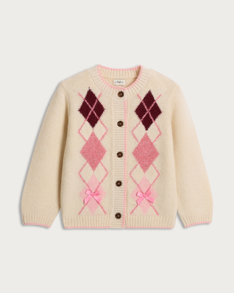 image 1 of F&F Girls Argyle Knitted Cardigan in Multi Pink