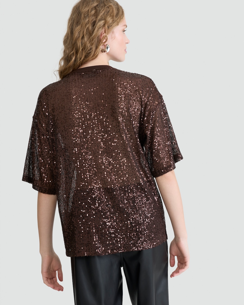 image 1 of F&F Sequin Embellished Boxy Short Sleeved Top in Brown