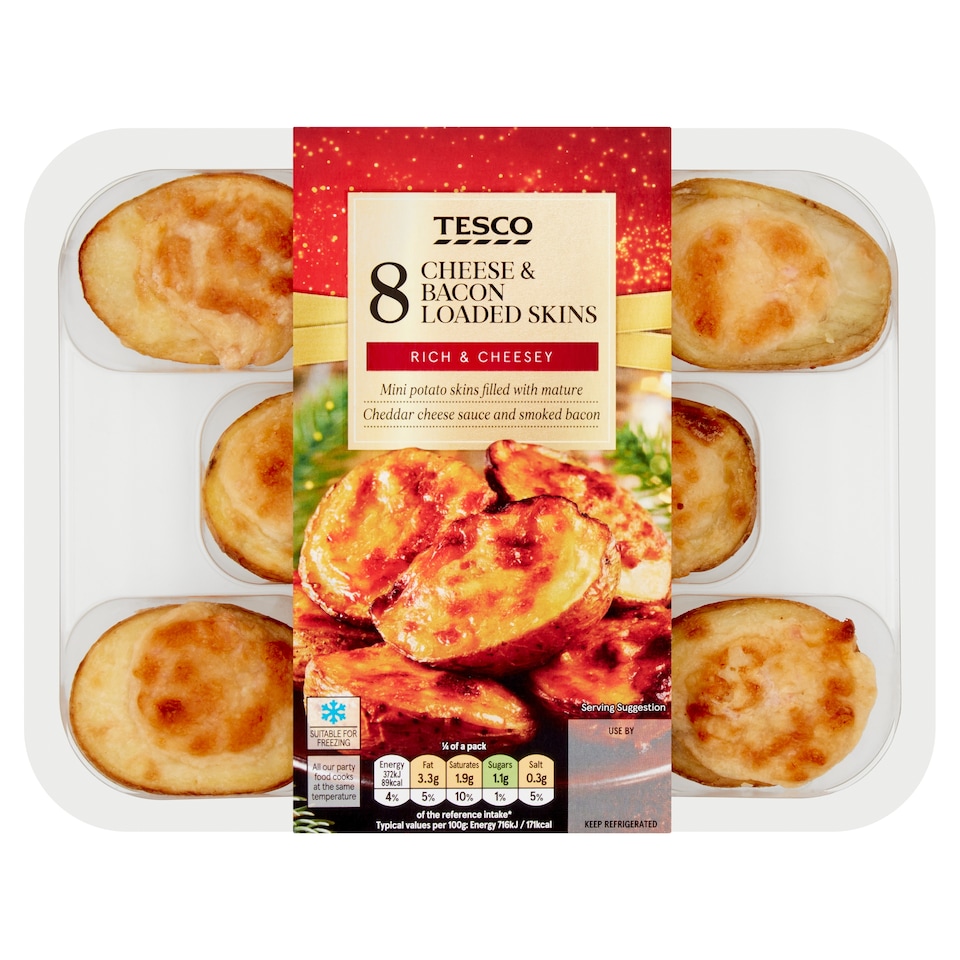 Tesco 8 Mature Cheddar & Smoky Bacon Skins 224G