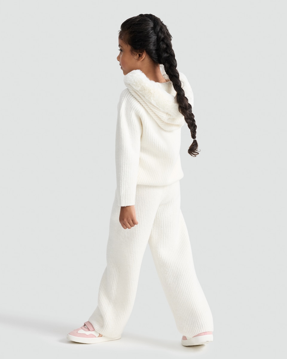 image 1 of F&F Girls Knitted Ribbed Faux Fur Hoodie and Trousers Set in Cream