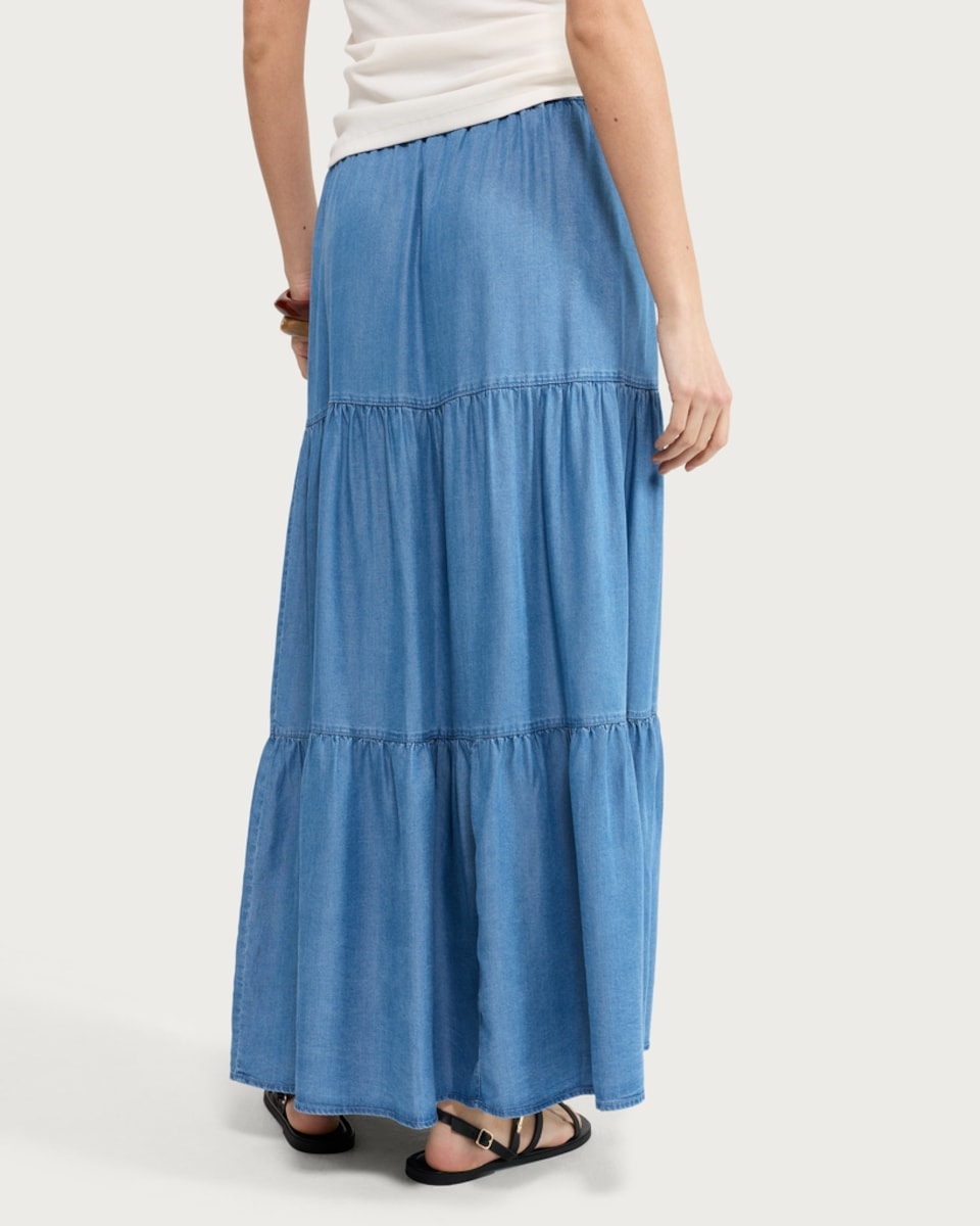 image 1 of F&F Pure Lyocell Tiered Midi Skirt in Blue