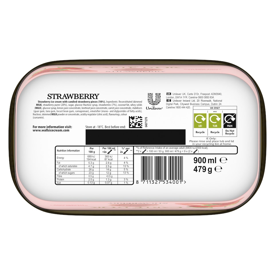 image 1 of Carte D'or Strawberry Ice Cream Tub 900ml