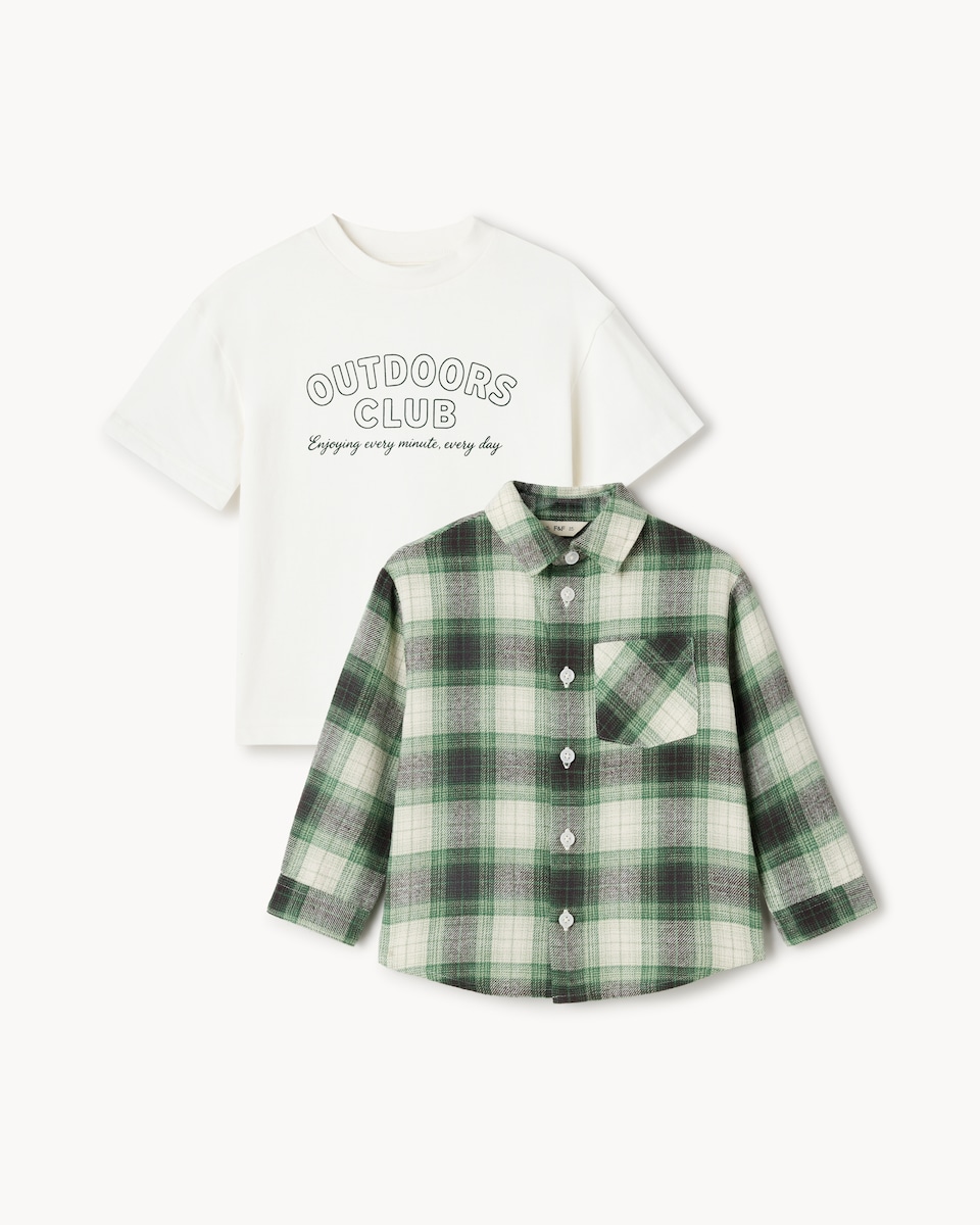image 1 of F&F Boys 2-Piece Pure Cotton Checked Shirt and T-Shirt Set in Green