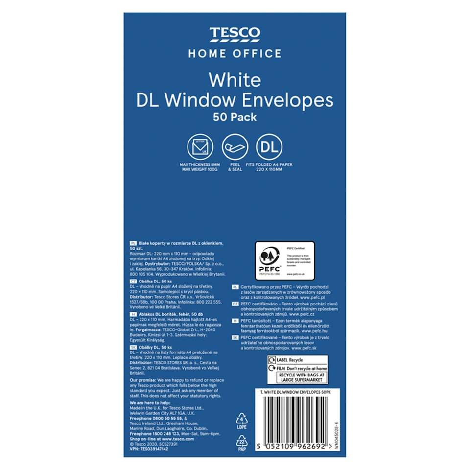 Tesco White DL Window Envelopes 50Pk
