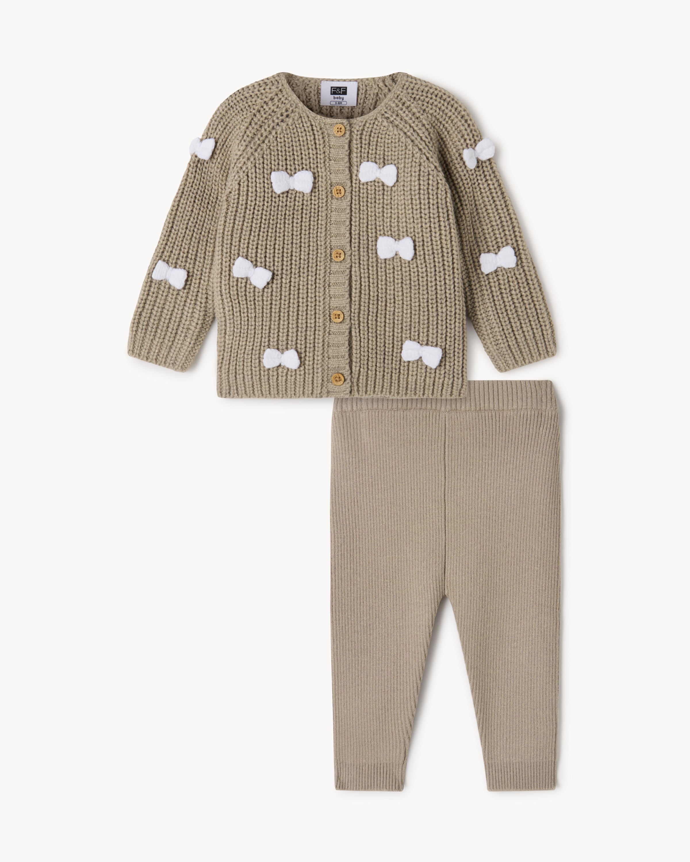 F&F Baby Bow Cardigan and Trousers Set in Tan, 6-9 Mo
