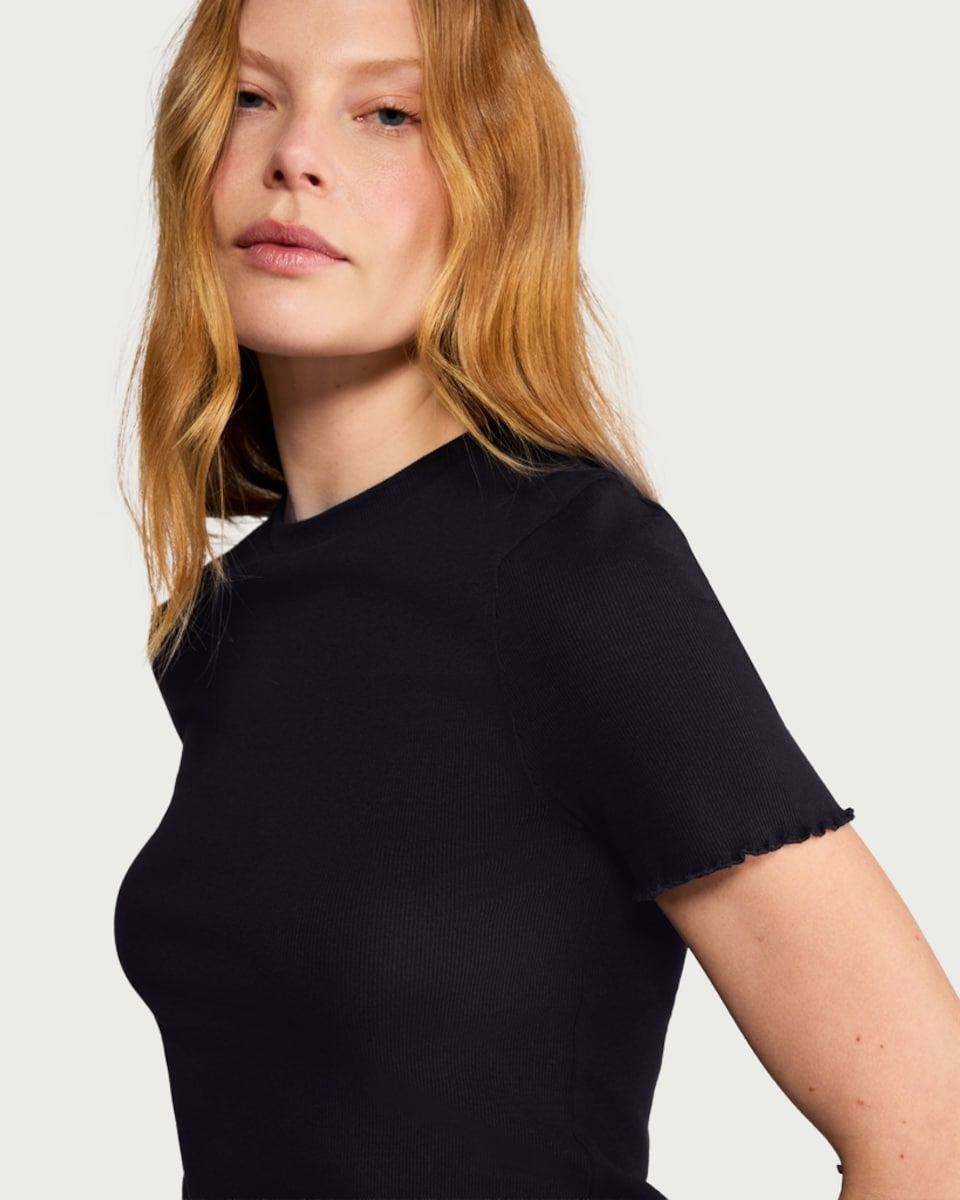 image 1 of F&F Cotton Rich Lettuce Edge T-Shirt in Black