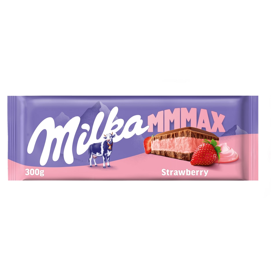Milka Mmmax alpesi tej felhasználásával készült tejcsokoládé eperízű töltelékkel 300 g