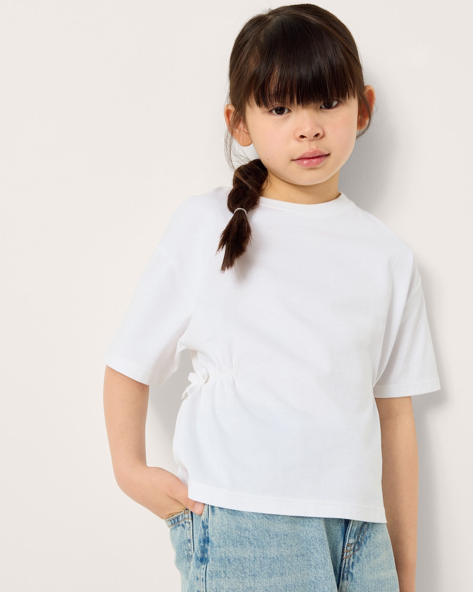 image 1 of F&F Girls Pure Cotton Ruched Side T-Shirt in White