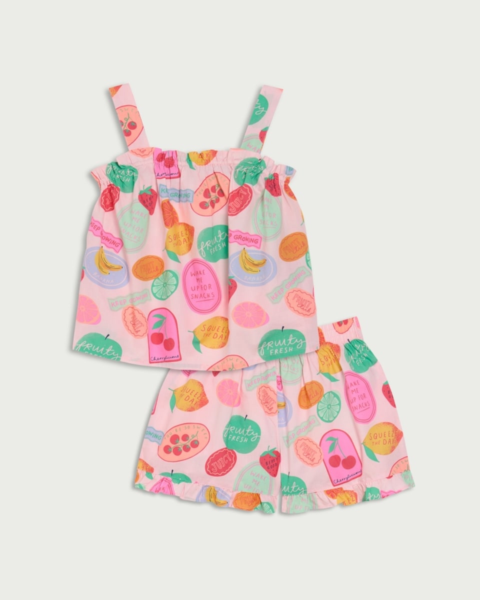 image 1 of F&F Girls Pure Cotton Fruit Print Short Pyjama Set in Pink