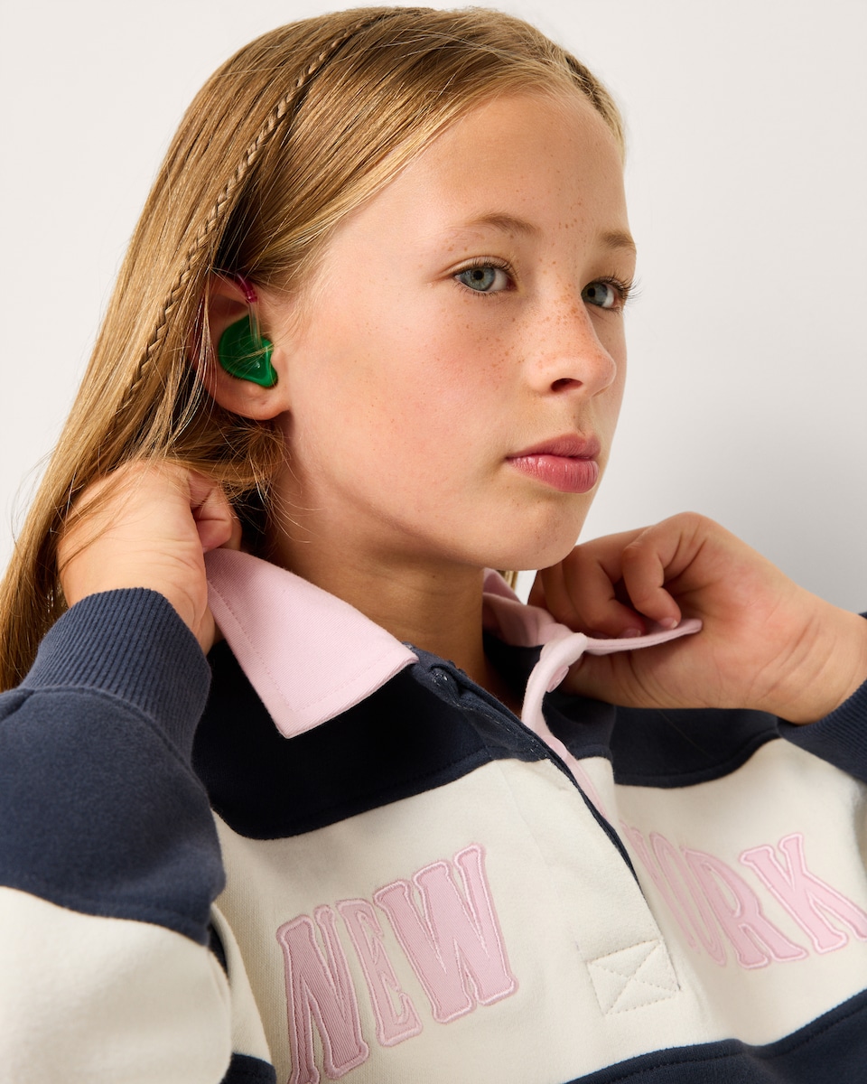 image 1 of F&F Girls Cotton Rich Striped Rugby Sweatshirt in Multi Blue